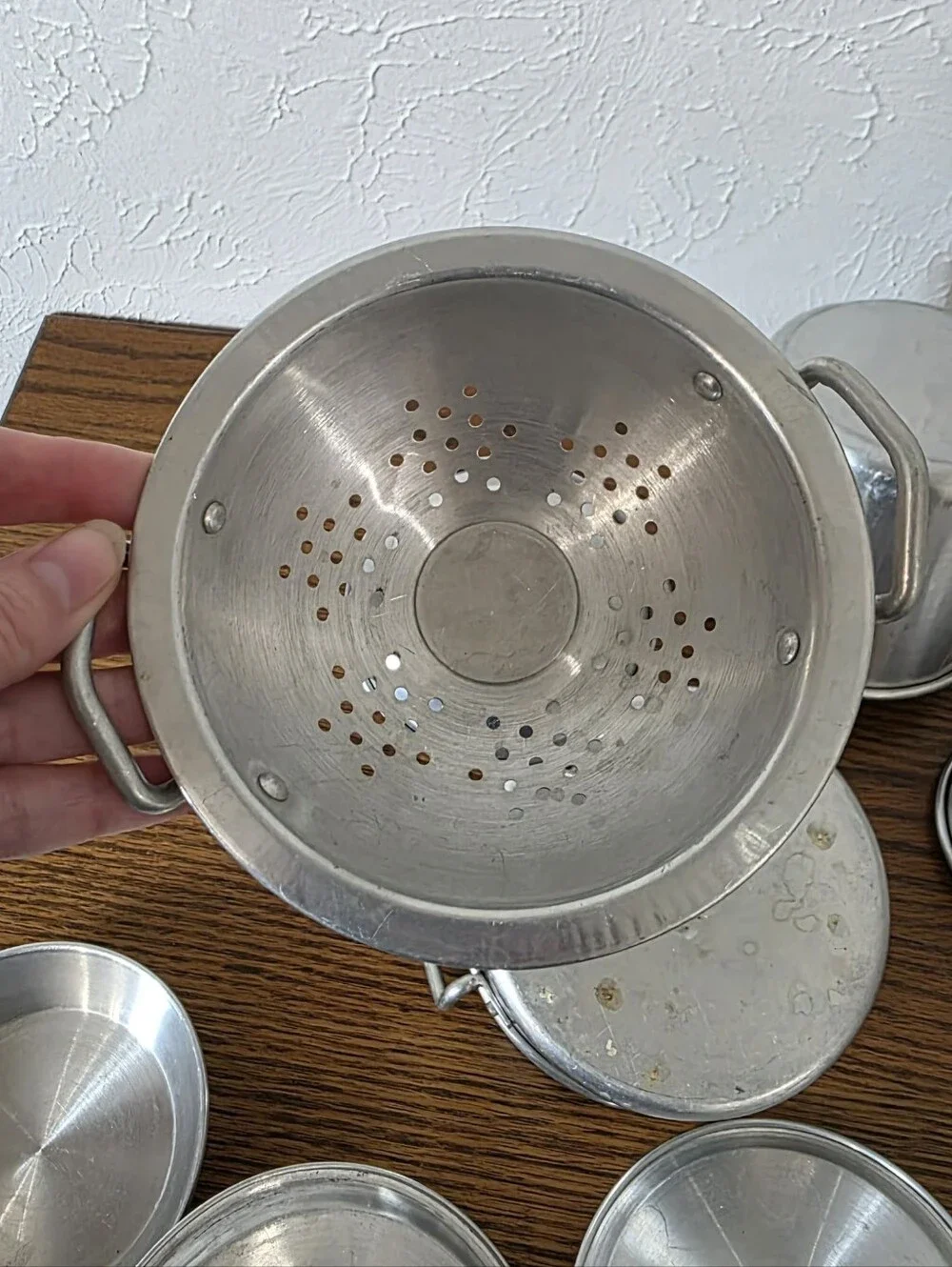 Vintage Miniature Metal Toy Cookware Set Aluminum Child Toy Pots Pans Colander
